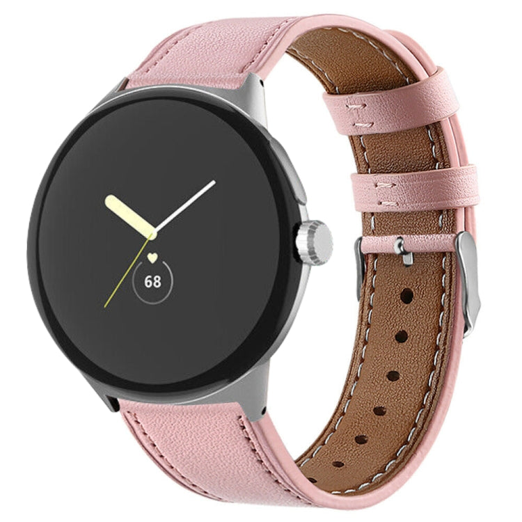 Pink genuine leather watch band with silver buckle and perforated stitch holes