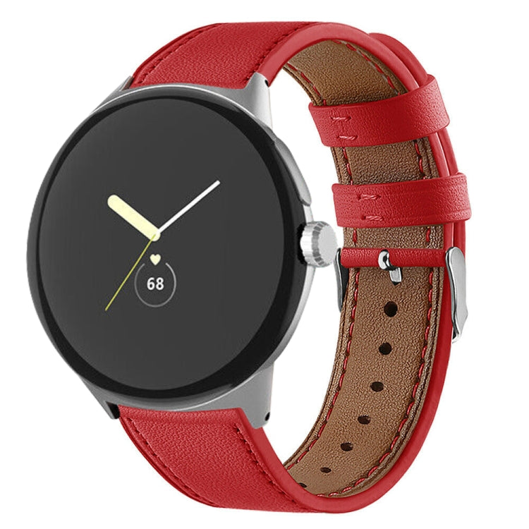 Red genuine leather watch band with silver buckle and perforated stitch holes