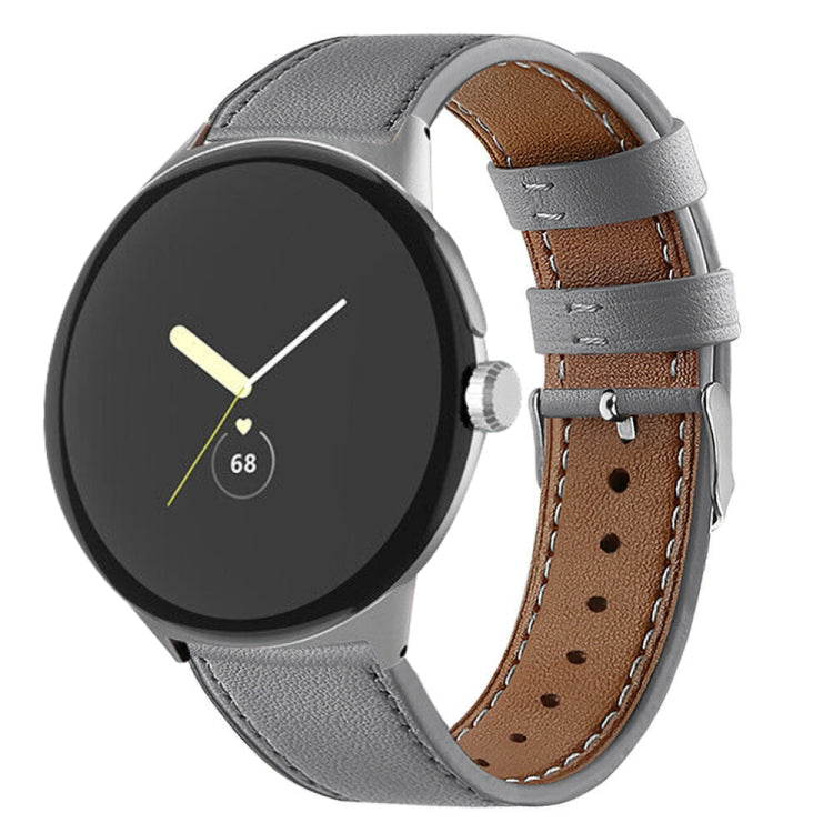 Grey genuine leather watch band with silver buckle and perforated stitch holes