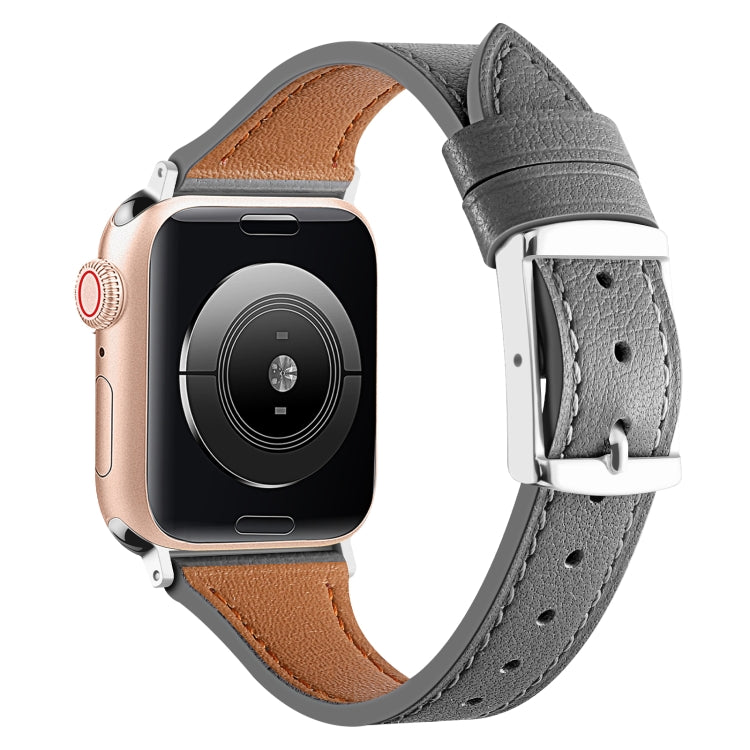 Grey leather watch band with brown underside and metal buckle for Apple Watch