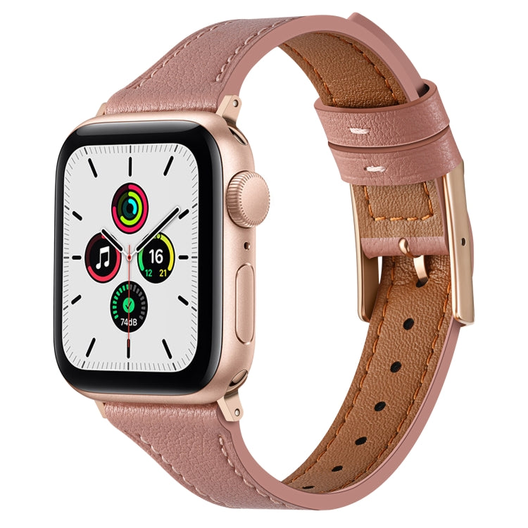 Dusty rose leather watch band with brown lining and metal buckle for Apple Watch