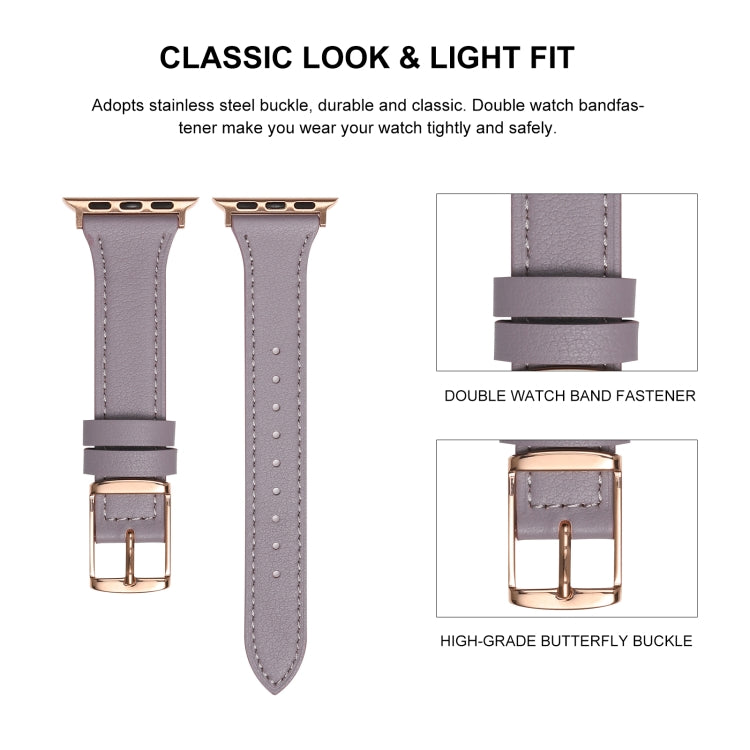 Genuine leather watch band with double band fastener and butterfly-style metal buckle.