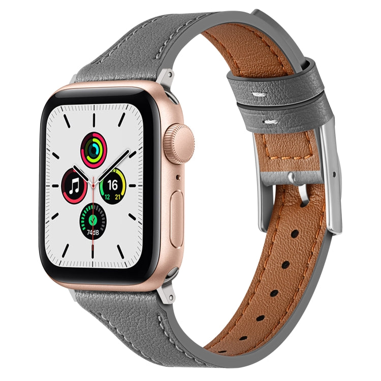 Grey leather watch band with brown lining and metal buckle for Apple Watch