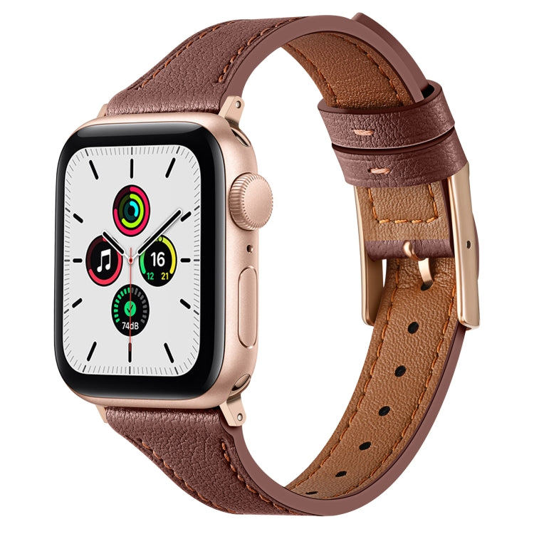 Brown genuine leather watch band with stitched edges and metal buckle for Apple Watch.