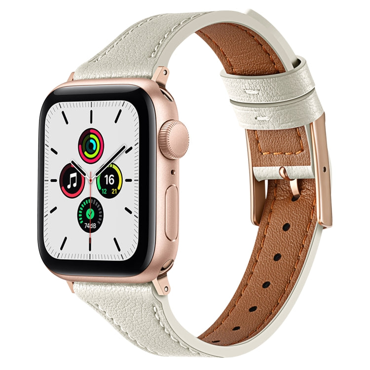 White genuine leather watch band with stitched edges and metal buckle for Apple Watch.