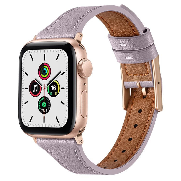Lavender genuine leather watch band with stitched edges and metal buckle for Apple Watch.