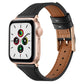 Black genuine leather watch band with stitched edges and metal buckle for Apple Watch.