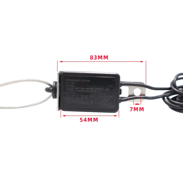 Breakaway switch dimensions view: black control box with cable lengths marked