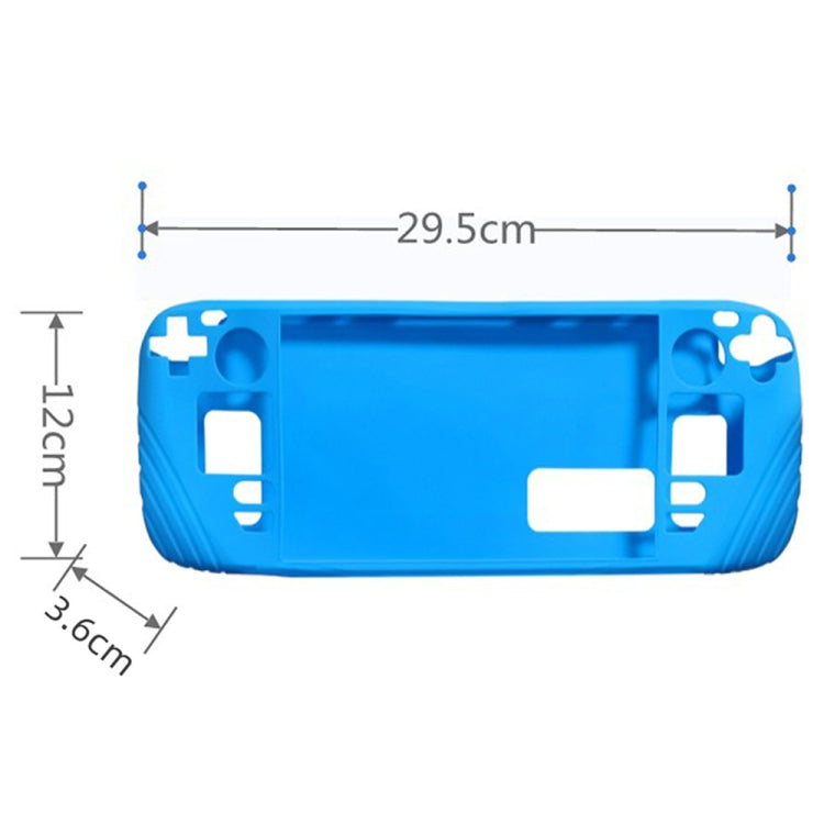Blue silicone protective case shell with controller button cutouts, side view