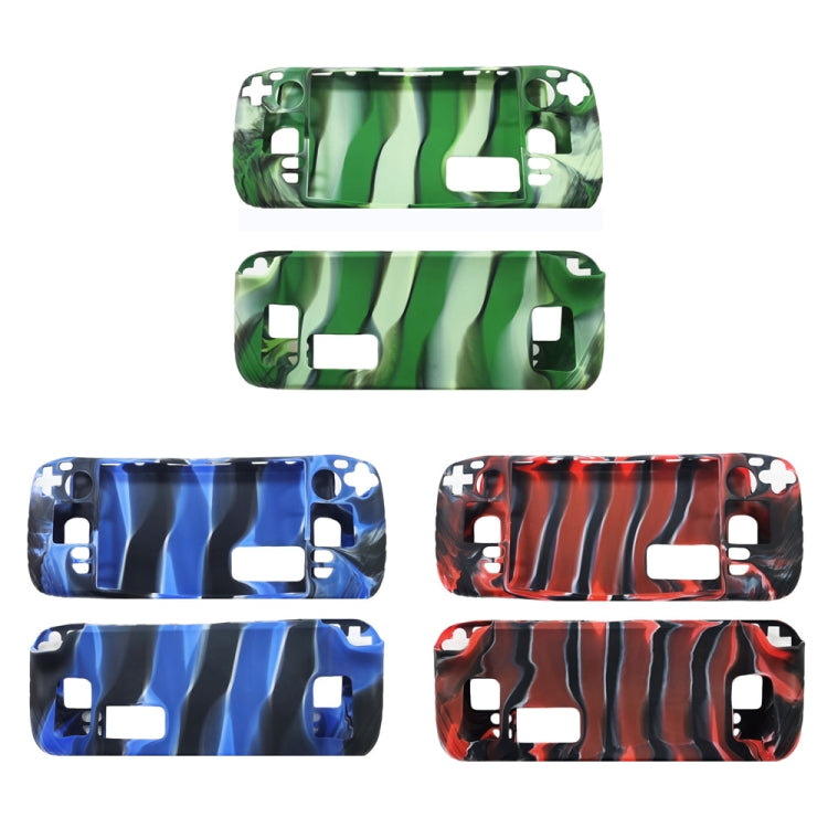 Patterned silicone game console protective cases: green camo, blue stripes, red stripes
