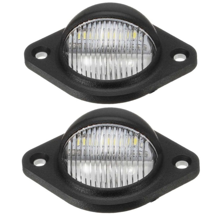 Set of 2 round license plate LED lights with black housing and two mounting holes