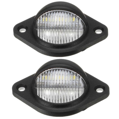 Set of 2 round license plate LED lights with black housing and two mounting holes
