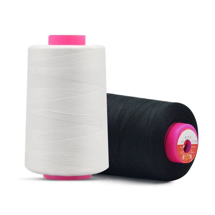 Two sewing thread spools, black and white, with pink cores and end labels