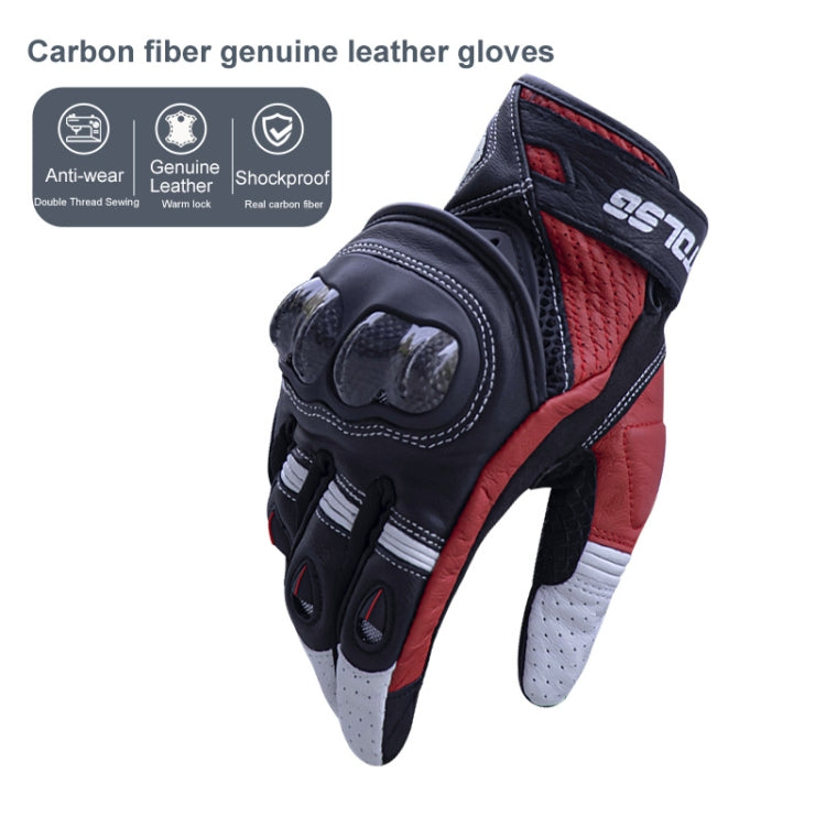 Motorcycle leather gloves, black with red lining and hard knuckle panels, logo on back