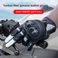 Motorcycle leather gloves close-up with raised knuckle armor, perforated black palm and red trim
