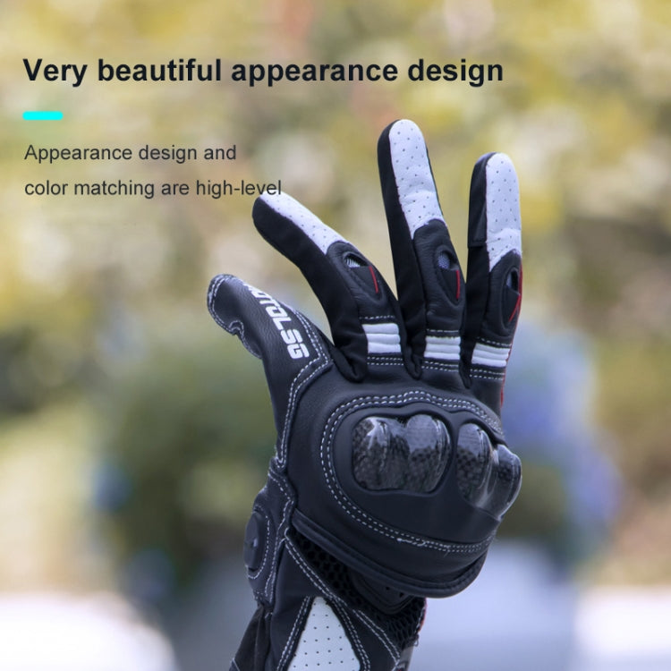 Motorcycle leather gloves back view with padded knuckles, black and red with perforated detail