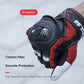 Motorcycle leather gloves featuring raised knuckle armor, textured black with red and white trim