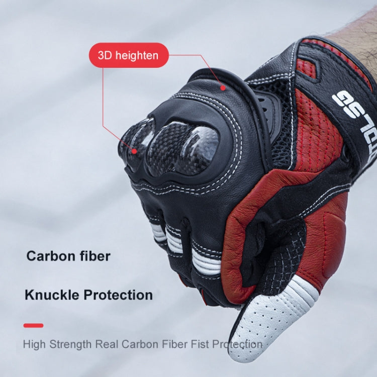 Motorcycle leather gloves featuring raised knuckle armor, textured black with red and white trim