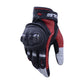 Motorcycle leather gloves with hard knuckle protectors, black with red panels and white accents