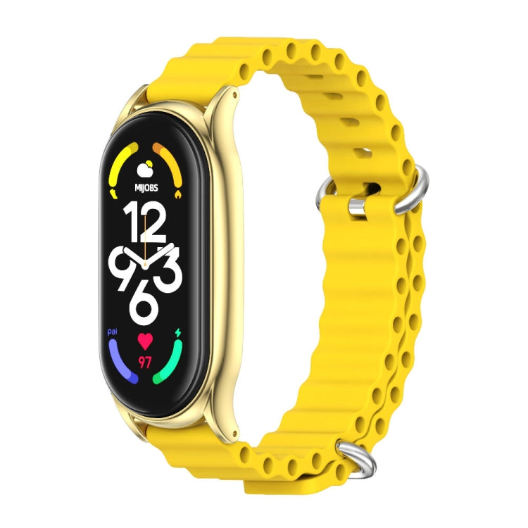 Silicone breathable smartwatch band with metal clasp, yellow strap and gold-toned case, for fitness tracker