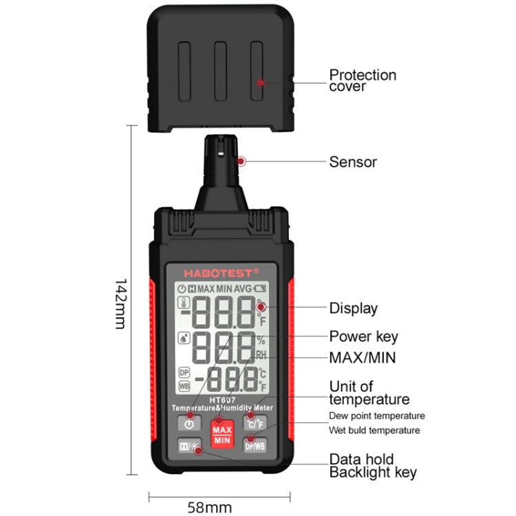 Portable temperature humidity tester with open top cover and visible sensor section