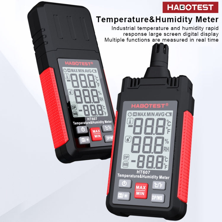 Portable temperature and humidity meter with protective cover, LCD display, and red side grips