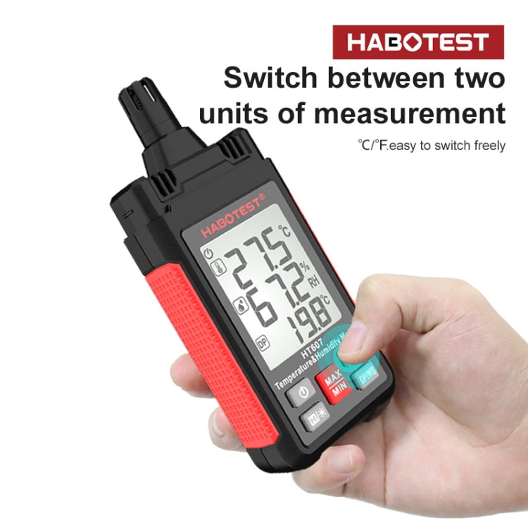 Handheld temperature humidity tester with unit switch buttons and LCD readings