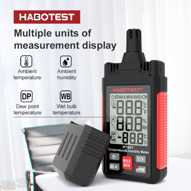 Temperature humidity meter showing multiple measurement display modes on LCD