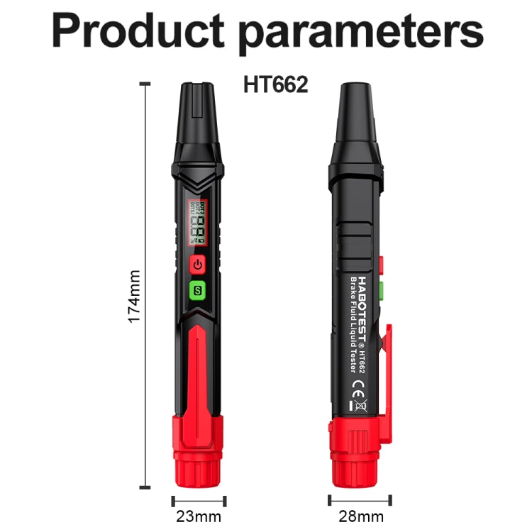 HABOTEST HT662 brake fluid test pen, red-and-black housing with LCD display.