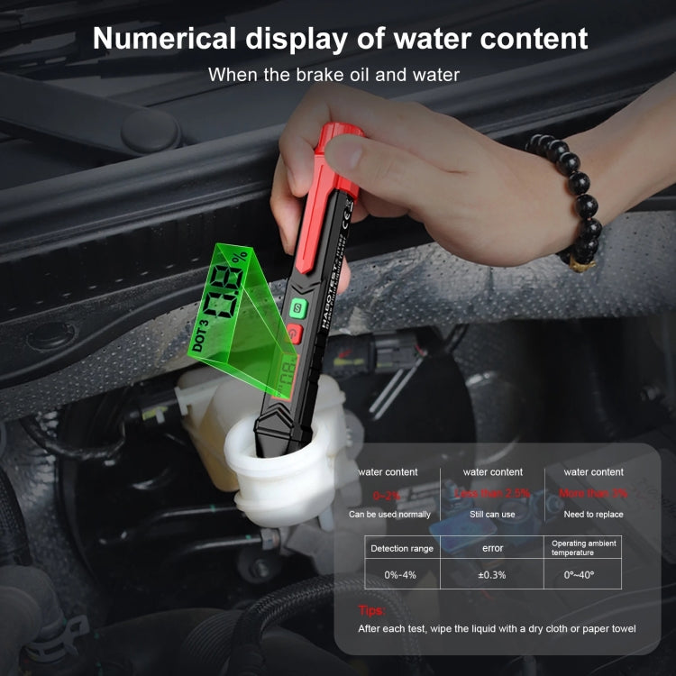 Brake fluid test pen showing digital water content screen
