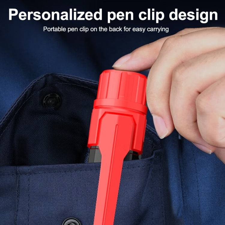 Red brake fluid test pen with back clip, attached to dark fabric pocket