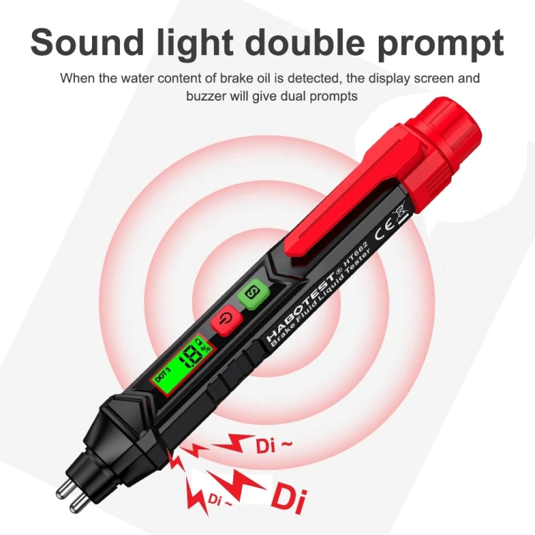 HABOTEST HT662 brake fluid test pen with illuminated LCD screen and red cap.