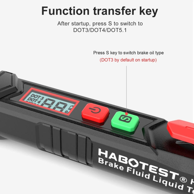 HABOTEST HT662 brake fluid test pen control panel with function buttons and LCD.