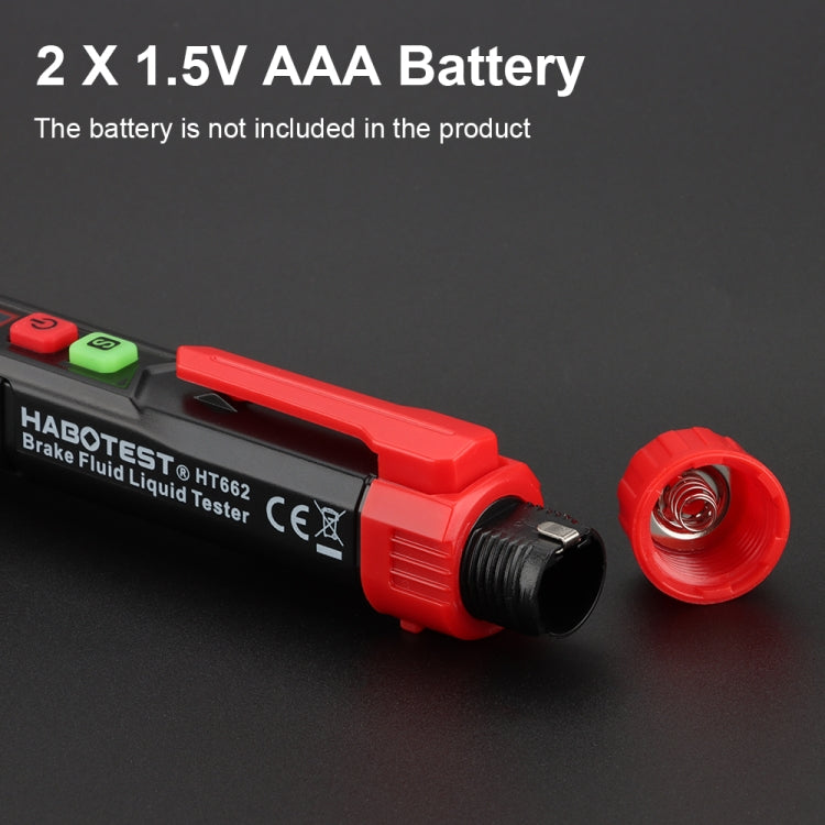 HABOTEST HT662 brake fluid test pen with red end cap and battery compartment opening.