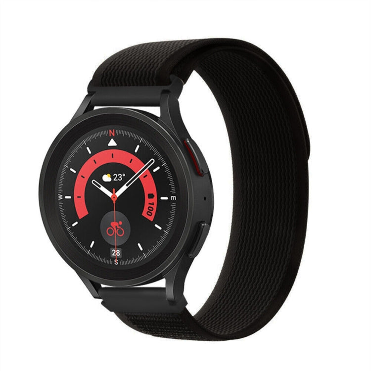 Black nylon loop watch band with textured weave and metal clasp, front view on watch