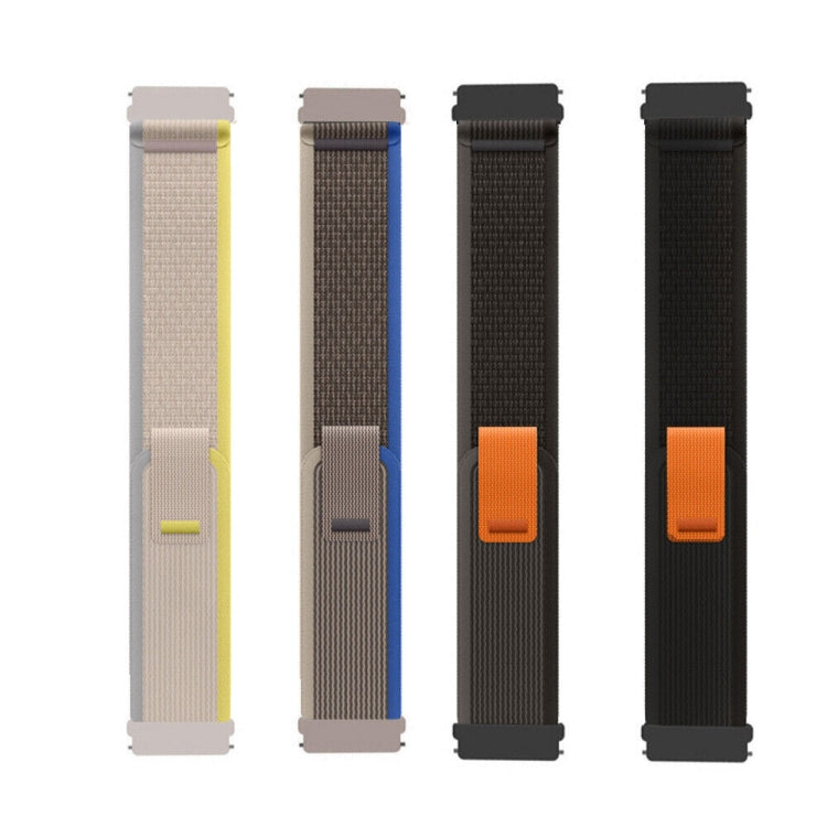 Set of nylon loop watch bands in beige, blue, dark gray, and black with orange tabs