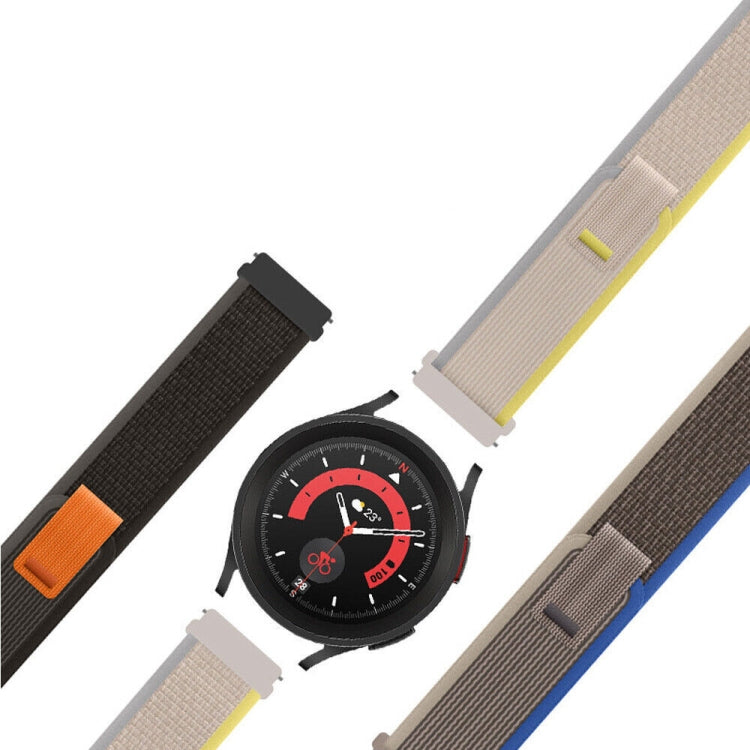 Mixed-color nylon loop watch bands with metal clasps: black and beige with yellow trim