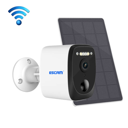 Solar-powered outdoor security camera with solar panel and PIR sensor, white and black.