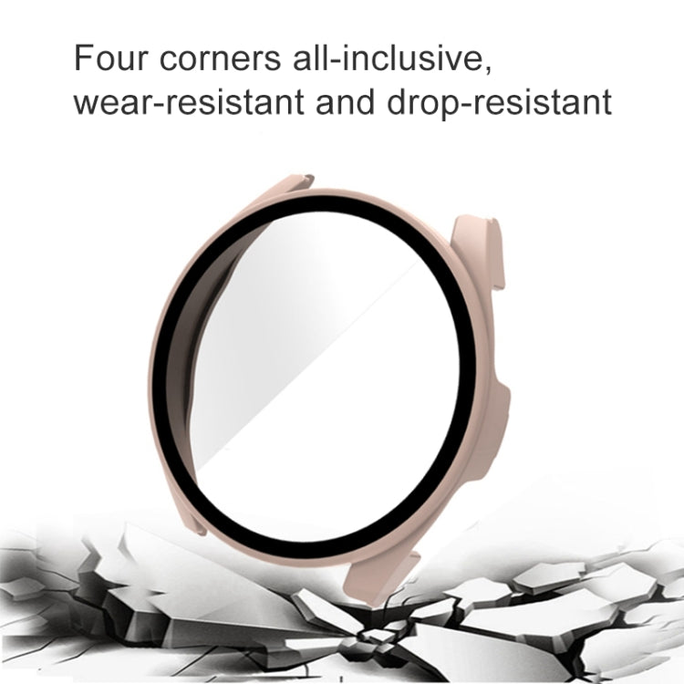Tempered glass protective watch case for round watch, beige frame with clear screen cover