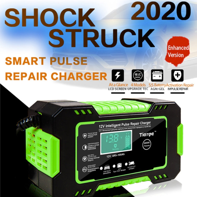 Battery smart pulse repair charger with LCD screen, green-lit display and vented body.