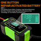 Battery smart charger with LCD display showing recovery, compact black and green design.