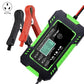 Motorcycle and car battery smart charger with LCD screen, AU plug clips, green accents.