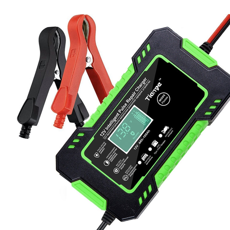 Motorcycle and car battery smart charger with LCD screen and clamp leads, green accents.