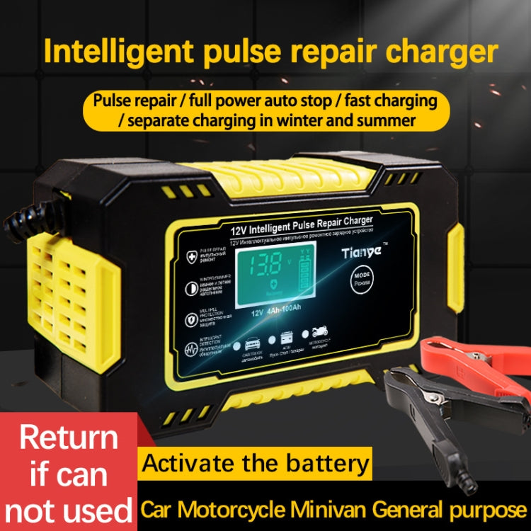 Intelligent pulse repair battery charger with LCD display and clamp leads