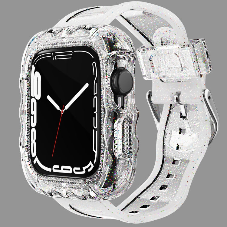 Transparent glitter TPU integrated case watch band with sparkly clear bezel and holes.