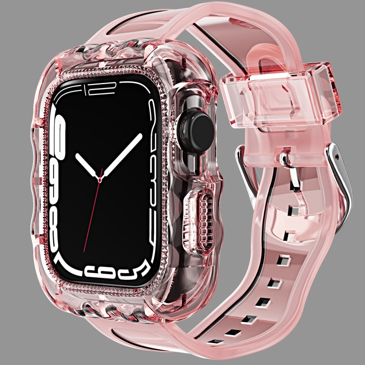 Transparent pink TPU integrated case watch band with rosy bezel and perforated strap.