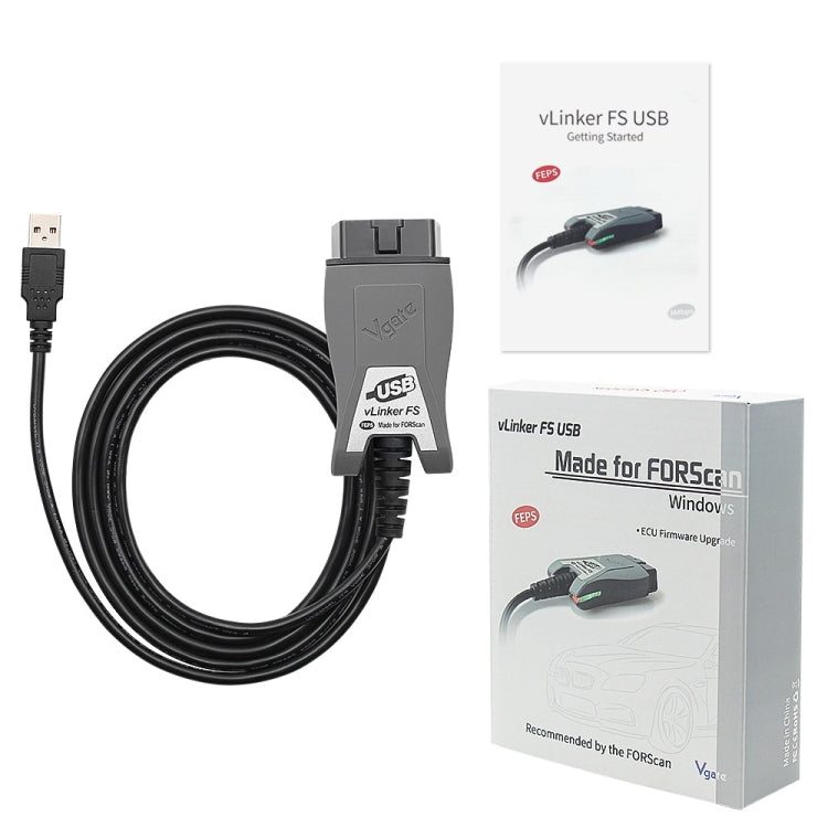 USB OBD2 diagnostic adapter with cable and product box packaging
