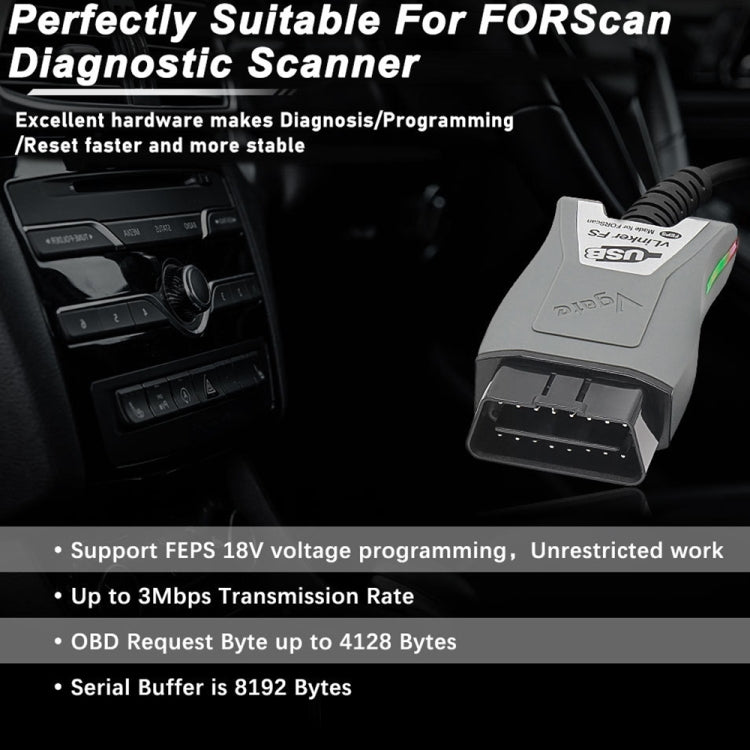 Grey USB OBD2 diagnostic scanner adapter with OBD connector and cable