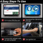 USB OBD2 diagnostic adapter with setup steps graphic