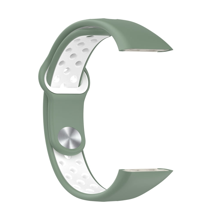 Two-color silicone watch band with reverse buckle, green and white perforated strap detail